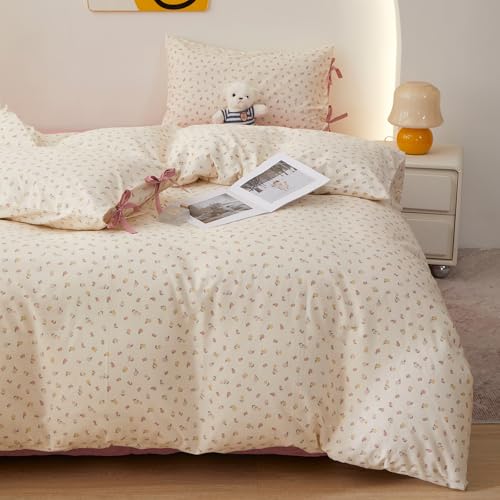 Image of LifeTB Botanical Floral Comforter Set King, Cute Colorful Flowers Pattern Cottagecore Comforter with 2 Bow Ties Pillowcases, Soft Lightweight Bedding Comforter for All Seasons Aesthetic Bedroom Decor