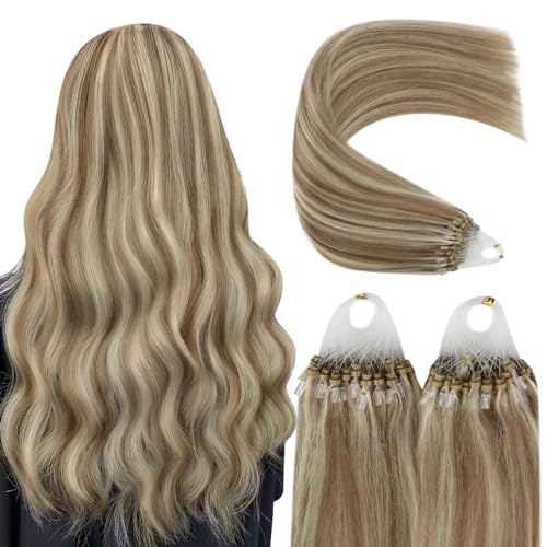 YoungSee Micro Ring Hair Extensions Brown 16inch Micro Bead Hair Extensions Light Brown with Blonde Highlight Micro Loop Human Hair Extensions for Long Lasting Cold Fusion 50g Silky 50s