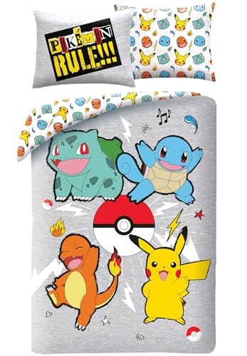 Parure de Lit Pokemon Rules, Housse de Couette 140x200 cm + Taie d'oreiller, avec Pikachu, Bulbizarre, Salamèche et Carapuce