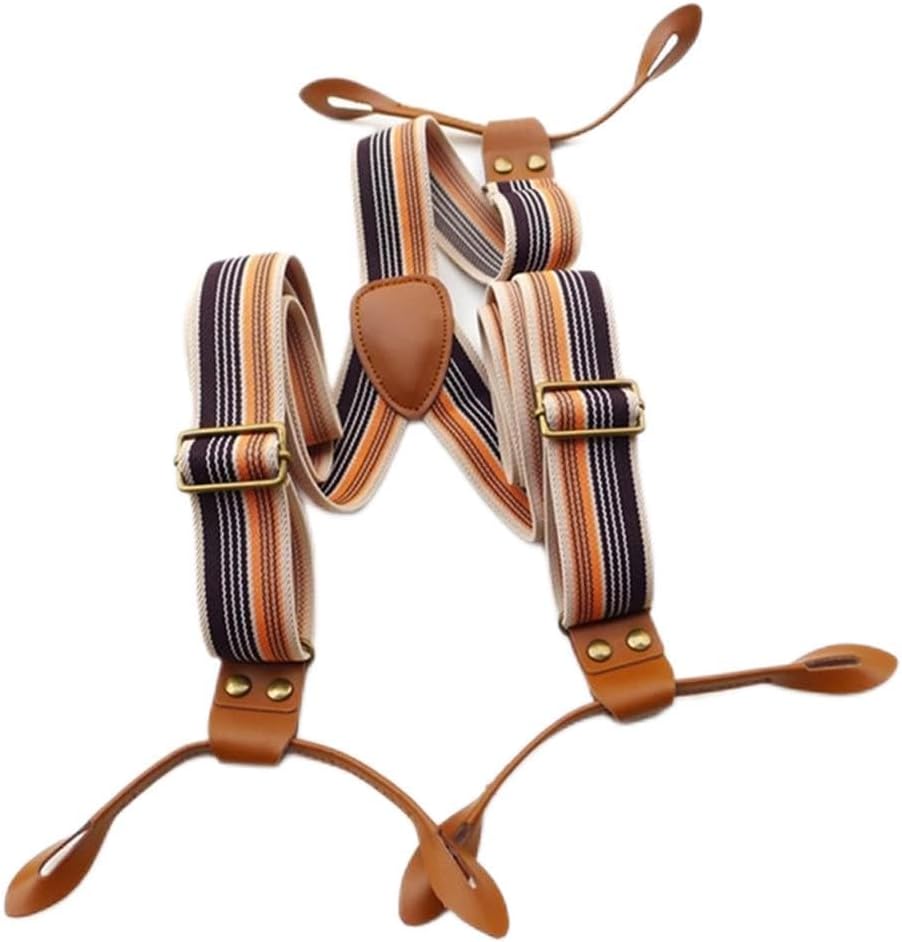 Vintage Striped Men's Suspenders Casual Leather Adjustable 6-button Belt