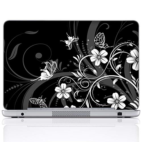 Meffort Inc 14 14.4 Inch Laptop Notebook Skin Sticker Cover Art Decal (Included 2 Wrist pad) - Black White Flower Butterfly