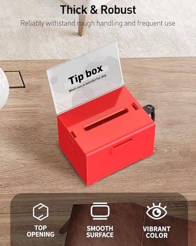 Uniclife Acryl Spendenbox mit Schloss und rotem Schildhalter mit Kunststoffschlitz Vorschlagsbox TIPP Box Bargeld Aufbewahrungsbox für, 15.7 x 12.7 x 10.2 cm
