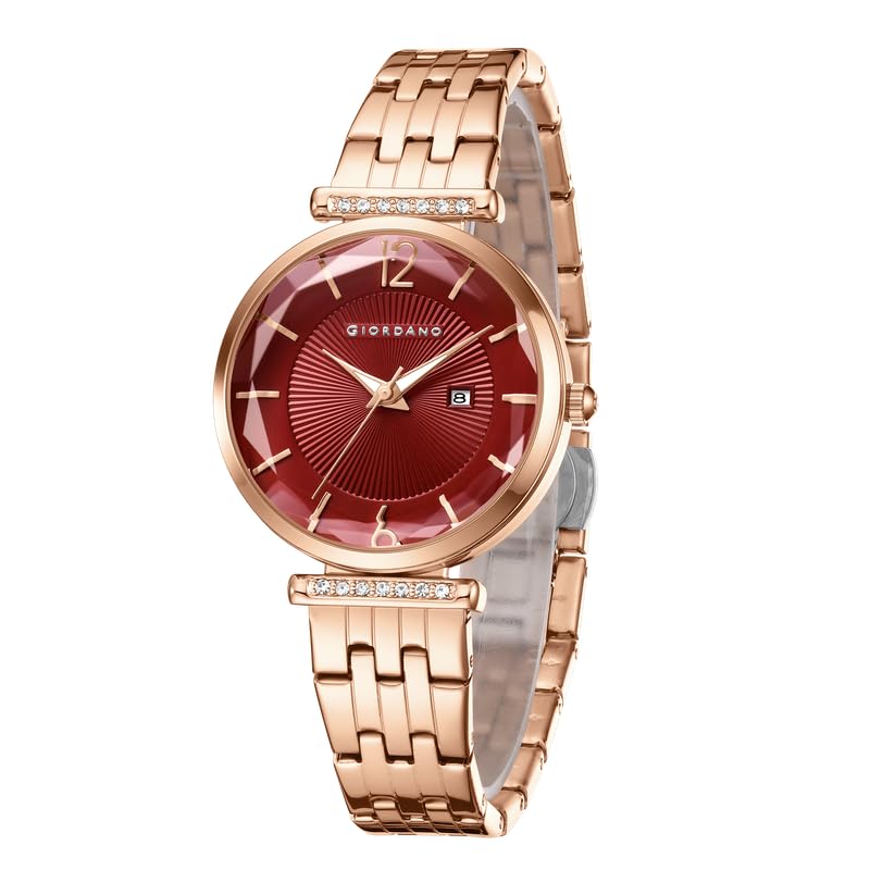 Image of Giordano Exquisite Analog Watch for Women with Round Cut Glass Textured Dial, Date Display Function, Quartz Movement and Stainless Steel Strap - GZ-60111