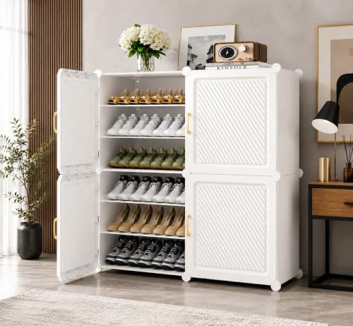 Image of YASONIC Premium Modular Plastic Shoe Rack for Home with Door | 12-Tier Stackable Shoe Organizer | Waterproof & Dustproof | Space Saving Storage for Home, Bedroom & Entryway [White, 12-Shelf-4-Door]
