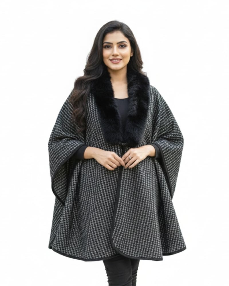 Women's Elegant Soft Wool Poncho Cape with Faux Fur Collar | Free Size Wrap for Winter-image-5