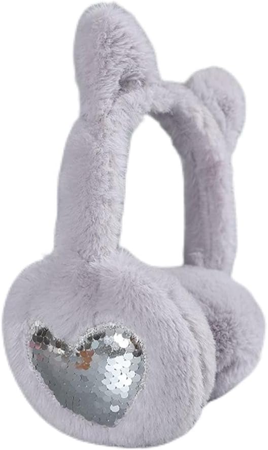 Gray Warm Cute Winter Cat Earmuffs Shiny Bright Sequined Headband Soft Fluffy