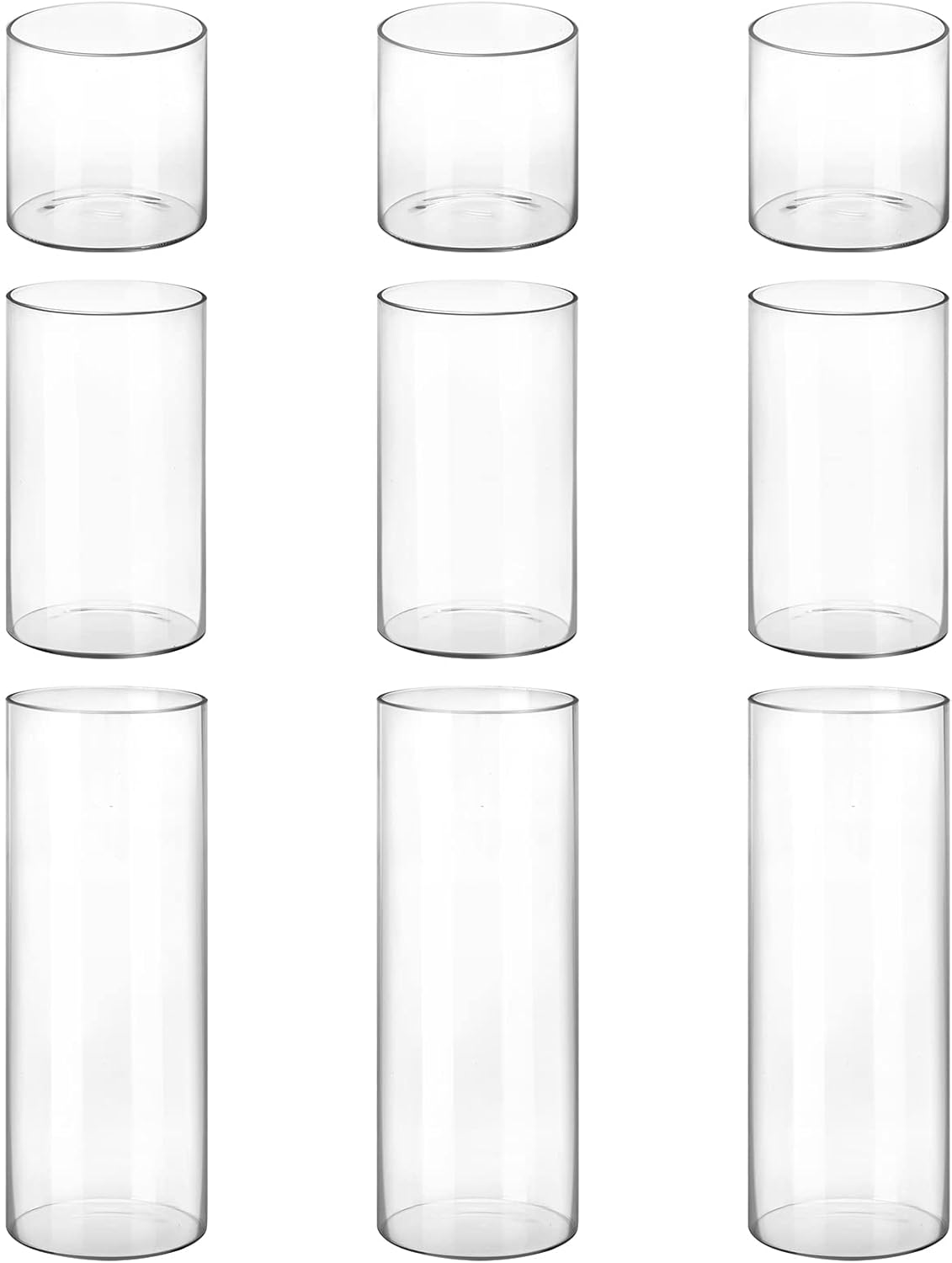 CUCUMI 9 Pack Glass Cylinder Vase 4, 8,12 Inch Tall Clear