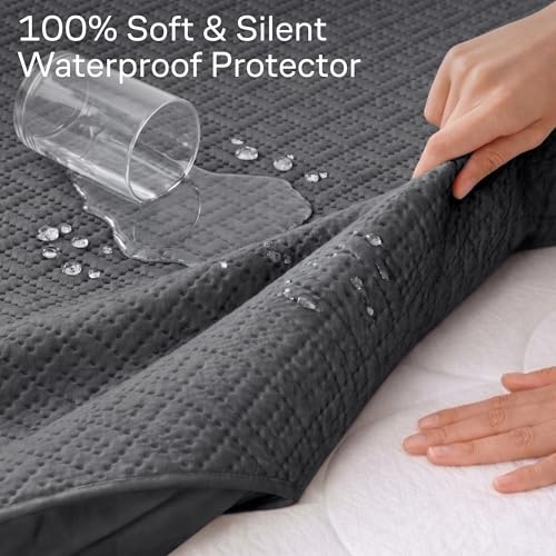 Image of 100% Waterproof Queen Mattress Protector - 360 Pad Protection Against Spills, Stains & Accidents for Parents & Pet Owners - Noiseless & Cooling Viscose Made from Bamboo (Grey)