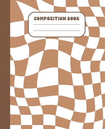 Composition Notebook Brown Wavy Checkered Composition Notebook, Cute Brown Aesthetic Checkered Composition Book Blank Lined College Ruled Pages