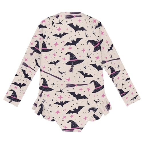 CaTaKu Girls One Piece Swimsuit Bat Witch Hat Toddler Bathing Suit Long Sleeve UPF 50+ Rash Guard Swimwear 3-12Y2