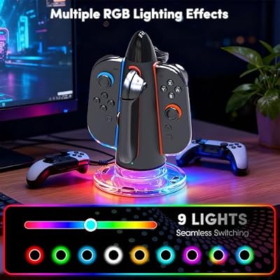 AUDHIED Charging Dock Compatible with Nintendo Switch 2 Controllers, 4 Port Magnetic Charger Station Compatible with 2025 Switch 2 with RGB Lights&Charging Cable - Black, Rocket Shape