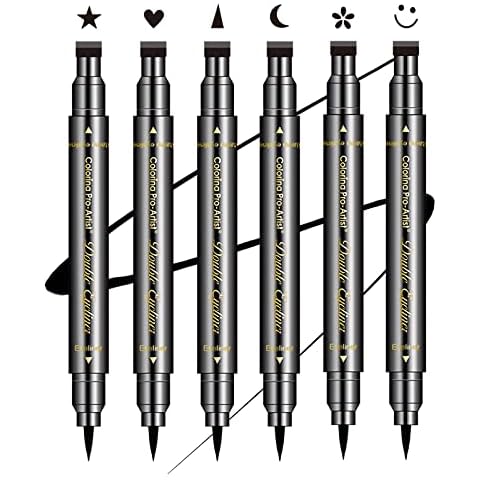 SUMEITANG 6 Pcs Double-headed Eyeliner Stamps Set Black Liquid Eye Liner Pen With Star,Moon,Heart,Flower,Smiley,Triangle Stamp Stencils Shapes for Women Makeup Kit Long-Lasting Waterproof Smudgeproof Cover