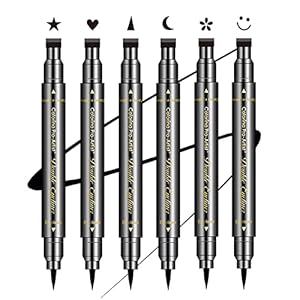 SUMEITANG 6 Pcs Double-headed Eyeliner Stamps Set Black Liquid Eye Liner Pen With Star,Moon,Heart,Flower,Smiley,Triangle Stamp Stencils Shapes for Women Makeup Kit Long-Lasting Waterproof Smudgeproof