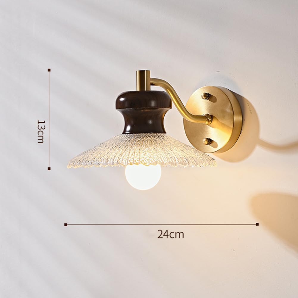 Applique da Parete per Interni E27 in Metallo Vintage, Legno e Ottone con Paralume in Vetro, Lampada da Comodino in Cristallo, Applique di Design per Soggiorno, Camera da Letto, Scala