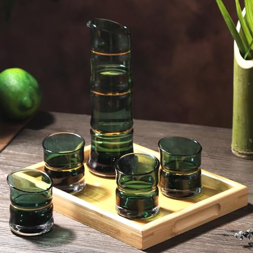 Catálogo para Comprar On-line Botellas y juegos de sake comprados en linea. 48 DUJUST Juego de sake japonés para 4, diseño de bambú con ribete dorado, 1 botella de sake, 1 bandeja de sake de madera y 4 tazas de sake, jarra de sake fría/cálida/caliente,...