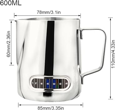 Milk Jug for Coffee Machine Use,600ml Small Stainless Steel Milk Frothing Pitcher with Thermometer Stainless Steel Suitable for Coffee, Latte & Cappuccino