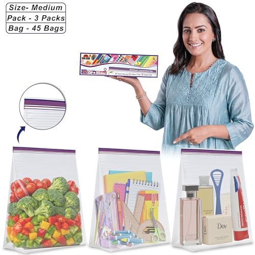 Image of Shalimar Zip 'N' Slider (Press Fit) Bags | Medium (24.5 cm X 28 cm) | Pack of 45 Bags |Ziplock /Vegetable /Fruit /Fridge /Multi-Purpose Storage Bag | Reusable & Reclosable with Double Lock| Color-Natural