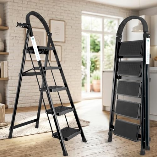 Image of Norman Jr Black 5 Step Ladder for Home Use with Built-in Tool Tray | Heavy Duty D Shape Rods | Ultra Large Platform | Wide Rubber Feet | 150Kg Capacity Foldable Ladder - 7 Years Warranty