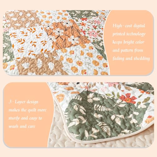 Whale Flotilla Reversible Patchwork Quilts Twin Size, Lightweight Boho Printed Bedspreads Coverlets Quilt Bedding Set with 1 Pillow Shams for All Seasons, Orange