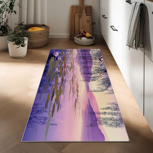 tappeto runner 90 x 180 cm Salici Piangenti Sognanti Lago Ninfee Cucina Antiscivolo Lavabile in Lavatrice Tapette Camera da Letto Scendiletto Cameretta Ufficio Pelo Corto Lungo Carpet, Viola