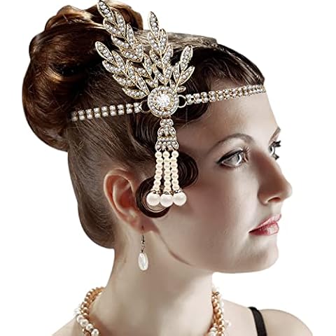 Rhinestones 1920s Headband, Vintage Gold Flapper Headband 1920s Pearl Headbands for Women's Hair Bridal Wedding Flapper Headband 1920s Accessories for Women Cover