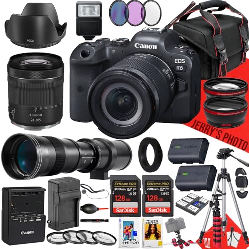 Canon EOS R6 Mirrorless Camera with 24-105mm f/4-7.1 IS STM and 420-800mm f/8.3 HD Telephoto Zoom Lens + 2PC 128GB Memory + Hood + Filters + Tripod + More (32pc Bundle) (Renewed)