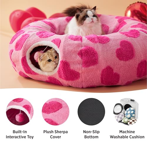Image of Lesure Cat Tunnel Bed for Indoor Cats - Cute Cat Donut Tunnel Toys with Washable Circle Cushion, Valentine's Day Gifts for Cats, Round Pet Peekaboo Cave Toy for Kitten, Standard Lover Hearts