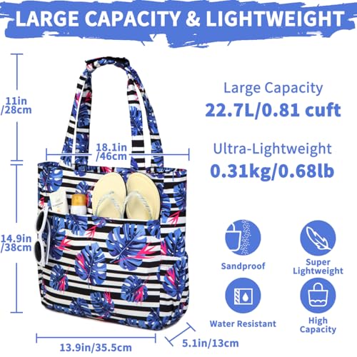 Image of Kasqo Beach Tote Bag for Women, 22L Waterproof Sandproof Medium Packable Travel Bag with Zipper for Pool Gym Shopping
