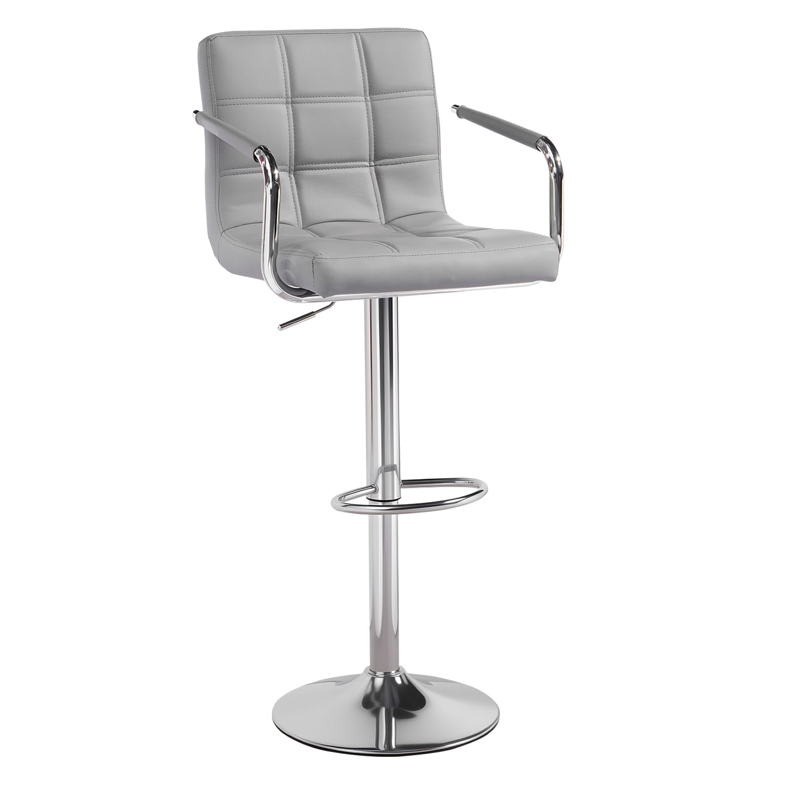Cuban Bar Chairs with Armrest, Height Adjustable Synthetic Leather 360° Swivel Kitchen Stool with Backrest and Footrest for Breakfast Bar, Counter, Kitchen and Home (One Stool, Gray)