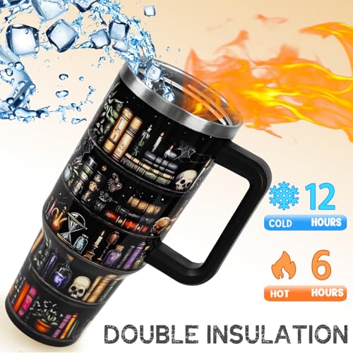 Book Lovers Gifts 40oz Halloween Book Lover Tumbler Goth Skull Bookshelf Coffee Travel Mugs Christmas Insulated Cup Gifts for Women Readers,Reading,Bookish,Librarian - Image 3