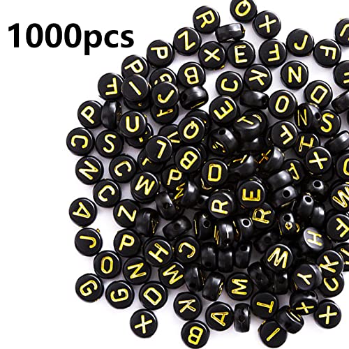 HERZWILD 1000pcs Letter Beads: Acrylic Round Beads (4×7mm) Mixed Black with Gold Letters A-Z for Bracelet Choker - Image 2