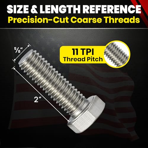 Image of Chenango Supply 5 /8-11 x 2 Stainless Steel Hex Head Bolts - 304 Stainless, USS Coarse Thread, 100,000-125,000 PSI Tensile Strength, Corrosion-Resistant Hardware Bolts, (10 Pieces, 5 /8-11 x 2)