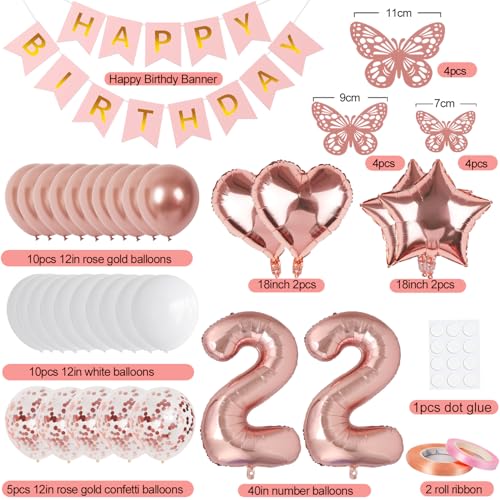 Image of Rose Gold 22th Birthday Decorations for Women, 22 Year Old Sign with Happy Birthday Banner, 40In Number 22 Foil Birthday Balloons, Butterfly Decorations, Heart and Star Balloons