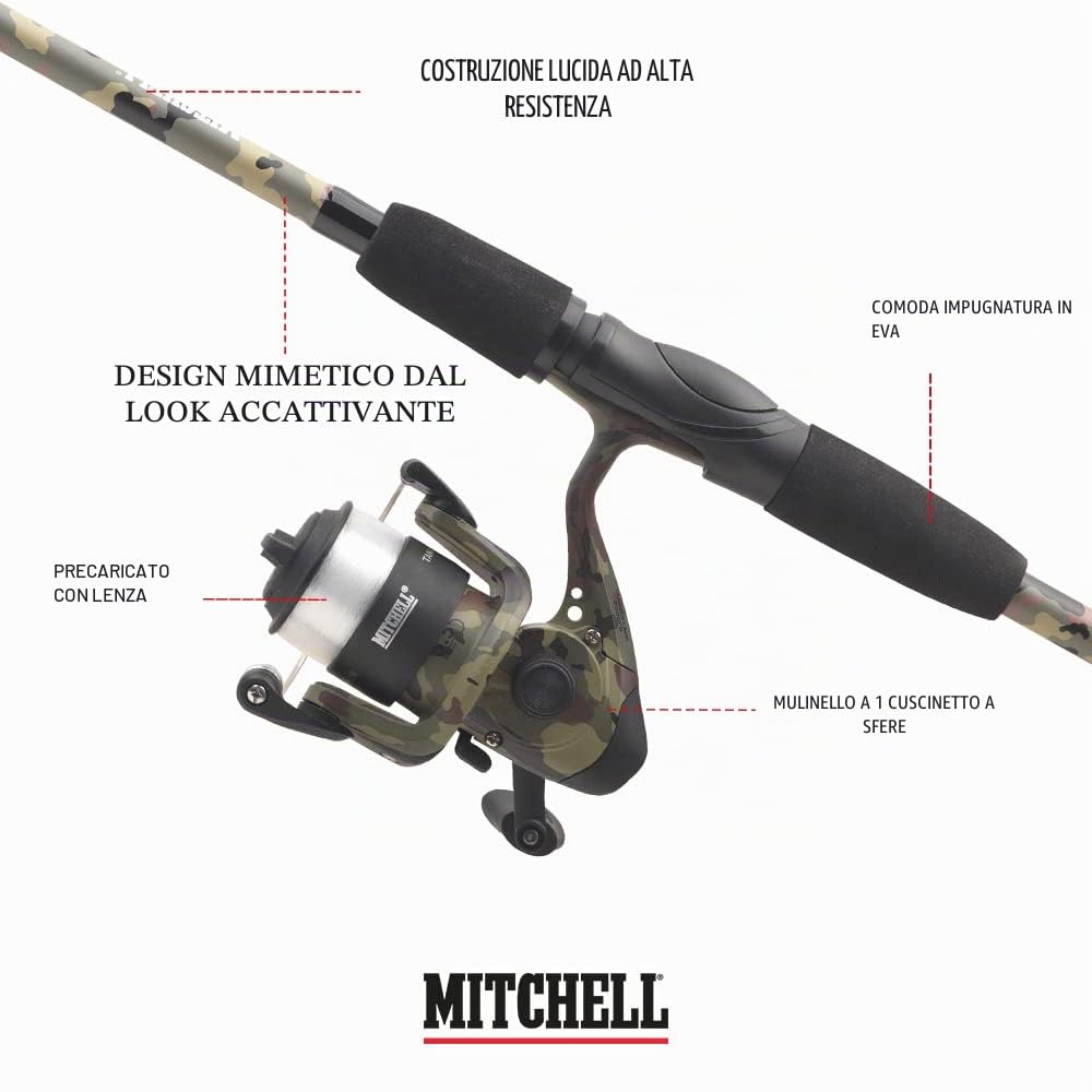 Mitchell Tanager - Set da pesca mimetico composto da canna e mulinello con lenza e esche per la pesca di trote e pesce persico