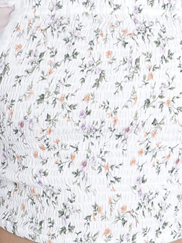 Image of Natilene White Floral Print Square-Neck Ruched Cropped Blouson Top with Short Bishop Sleeves for Girls