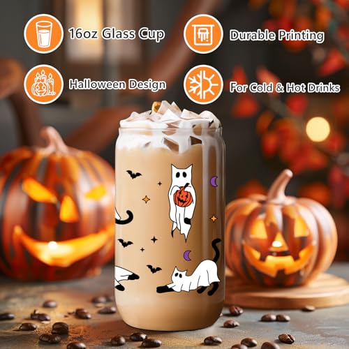 LEADO Cat Ghost Iced Coffee Cup, Halloween Glass Cups with Lids and Straws, 16 oz Cute Bat Spooky Glass Tumbler - Boo Basket Stuffers, Halloween Fall Gifts for Cat Lover, Women, Adults, Girls - Image 4