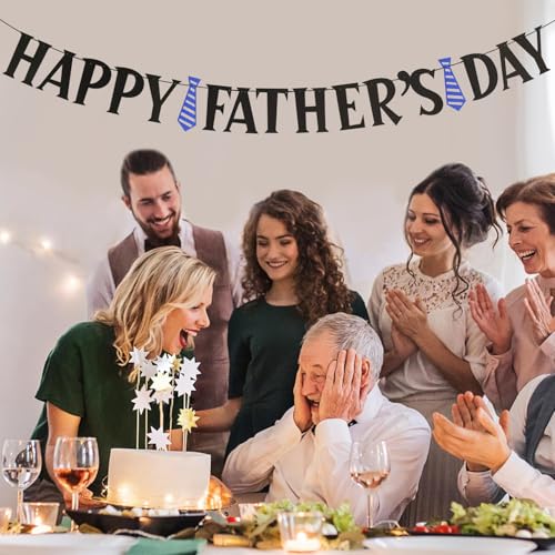 Image of Happy Father's Day Decorations Banner - Black Glitter Father's Day Hanging Decor Signs Banner Party Supplies, Ideal for Home, Office, and Party Celebrations