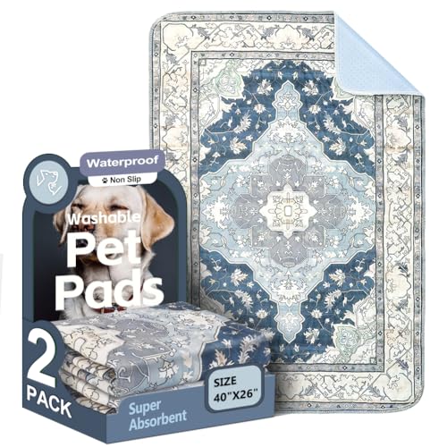 Image of Washable Pee Pads for Dogs, 2 Pack Reusable Puppy Training Pads 40 inchx26 inch Super Absorbent Waterproof Dog Training Pads, Non-Slip Potty Pads, Whelping Pads Litter Mat Navy & Ecru