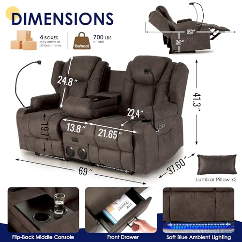Image of Redlife Power Loveseat Recliner Sofa with Console, Leathaire Farbic Dual Reclining Couch with Blue LED Lights, Bluetooth Speakers, USB Ports, Phone Holders, Home Theater & RV Recliner (Coffee Brown)