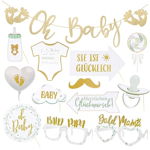 Babyparty Deko Set Oh Baby Girlande Deko Banner Gold und 12 Pcs Babyparty Fotorequisiten für Baby Shower Babydusche Gender Reveal Party usw.