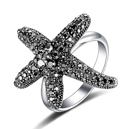 Mytys Vintage Rings Seastar Seafish Ring Black Marcasite Stones Paved Statement Rings for Women Girls Size 9
