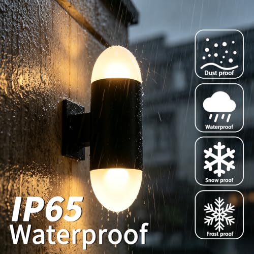 Image of JYV Outdoor Wall Lights, Cylinder Up and Down Porch Lights, Black 2Packs | IP65 Waterproof, stainless steel, Exterior Light Fixtures Wall Mount with 2 * 7W Bulbs 3000K, for House Porch Patio Garage