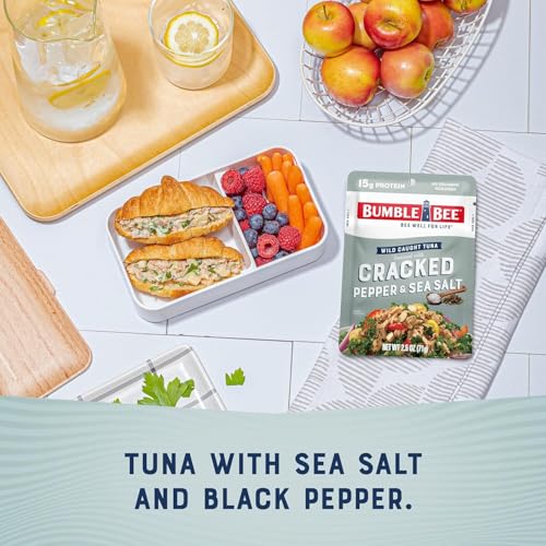 Image of Bumble Bee Cracked Pepper & Sea Salt Seasoned Tuna Pouch - Wild Caught and Ready to Eat for Snack, Salad, Korean Tuna Bowl - 15g Protein per Serving - 2.5 oz Packet (Pack of 12)