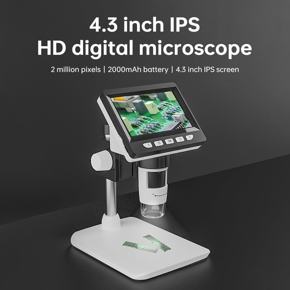 Digitales Mikroskop 4,3 Zoll 1000x Vergrößerung 1080P HD Bildschirm für Münzinspektion Löten Elektronik Reparatur Metallständer Weiß (D)