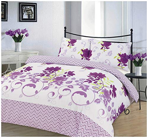 Goldstar 4 Piece Duvet Cover Set With Valance Sheet And Pillow Case Complete Quilt Cover Bedroom Floral Stripes Polycotton Reversible Bedding Set (Single, Bethany Lilac Floral)