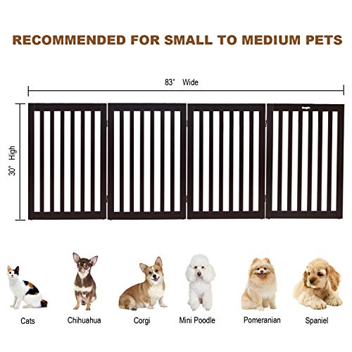 Bonnlo Freestanding Wooden Pet Gate with Foot Supporters for Dogs Puppy Indoor Staircase Doorway Configurable Folding 4 Panel Indoor Wood Doggy Fence/Divider, 83-Inch Width, 30-Inch Height | Espresso