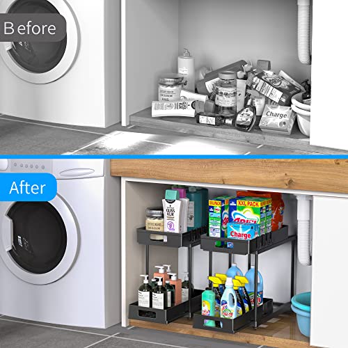 Under Sink Organizers And Storage, 2 Pack Pull-Out Large Capacity Under Bathroom And Kitchen Cabinet Storage Drawer Organizer With Hooks, Multi-Purpose Heavy Load Under Sink Shelf Organizer, Black #TOP1