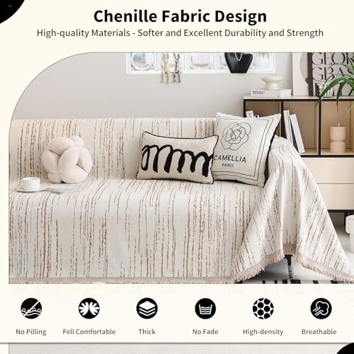 WEYOND Chenille Sofa Überzug waschbar Sofa Cover mit Quasten, haustierfreundliche Sofabezug & Couch Überwurf & Sofahussen für Sektionalsofa, Loveseat, 2/3/4-Sitzer (180 x 300 cm, Khaki)