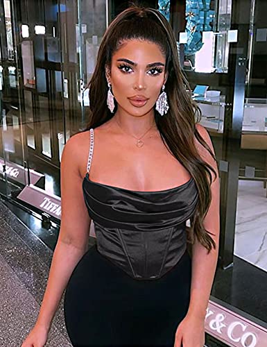 L'vow Women's Sexy Ruched Push Up Satin Bustier Backless Boned Spaghetti Strap Corset Crop Top(Black,Xl) #TOP1