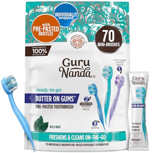 GuruNanda Mini Disposable Toothbrushes with Toothpaste & Toothpick, Prepasted Ready-to-Go Travel Toothbrush with Butter on Gums Bristles - Fluoride Free, No Rinsing, Individually Wrapped, 70 Ct